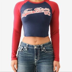 True Religion Blue & Red Contrast Long Sleeve Crop Baseball Tee Women’s Sz L